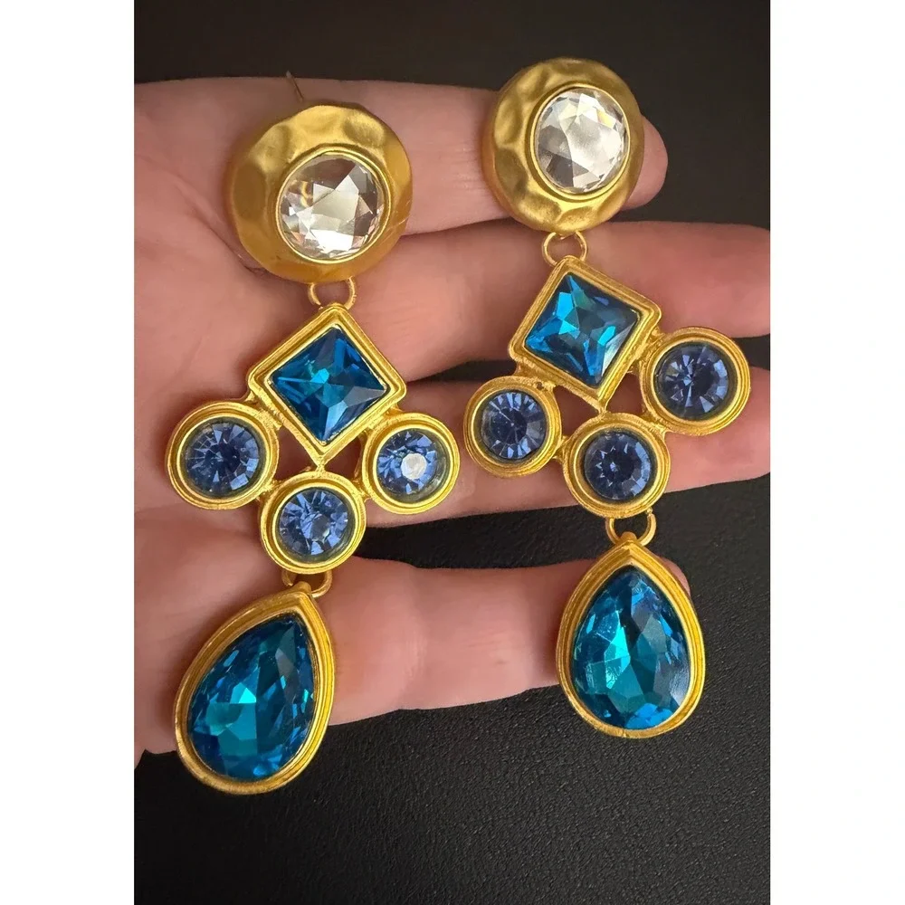 Rhinestone Earrings Mogul Dangle Gold Tone Teal Blue